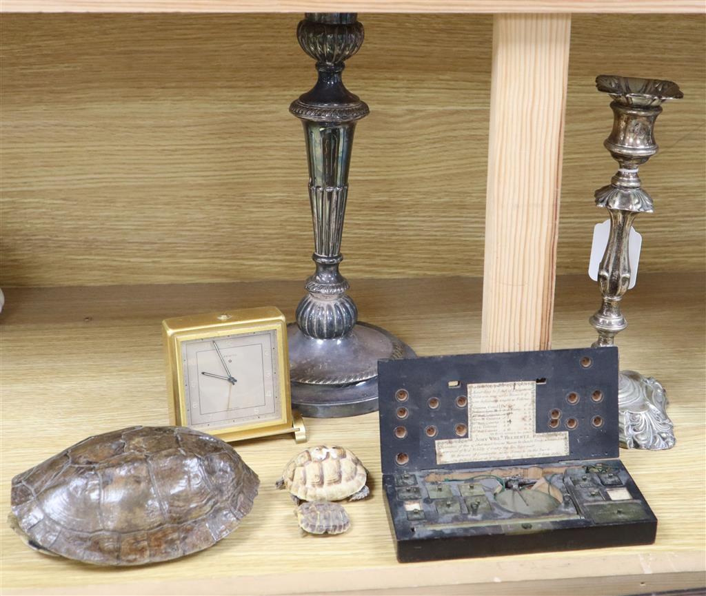 A Victorian Sheffield plate candlestick, one other, a set of Herbertz Guinea scales, a small tortoise carapace etc. (6)